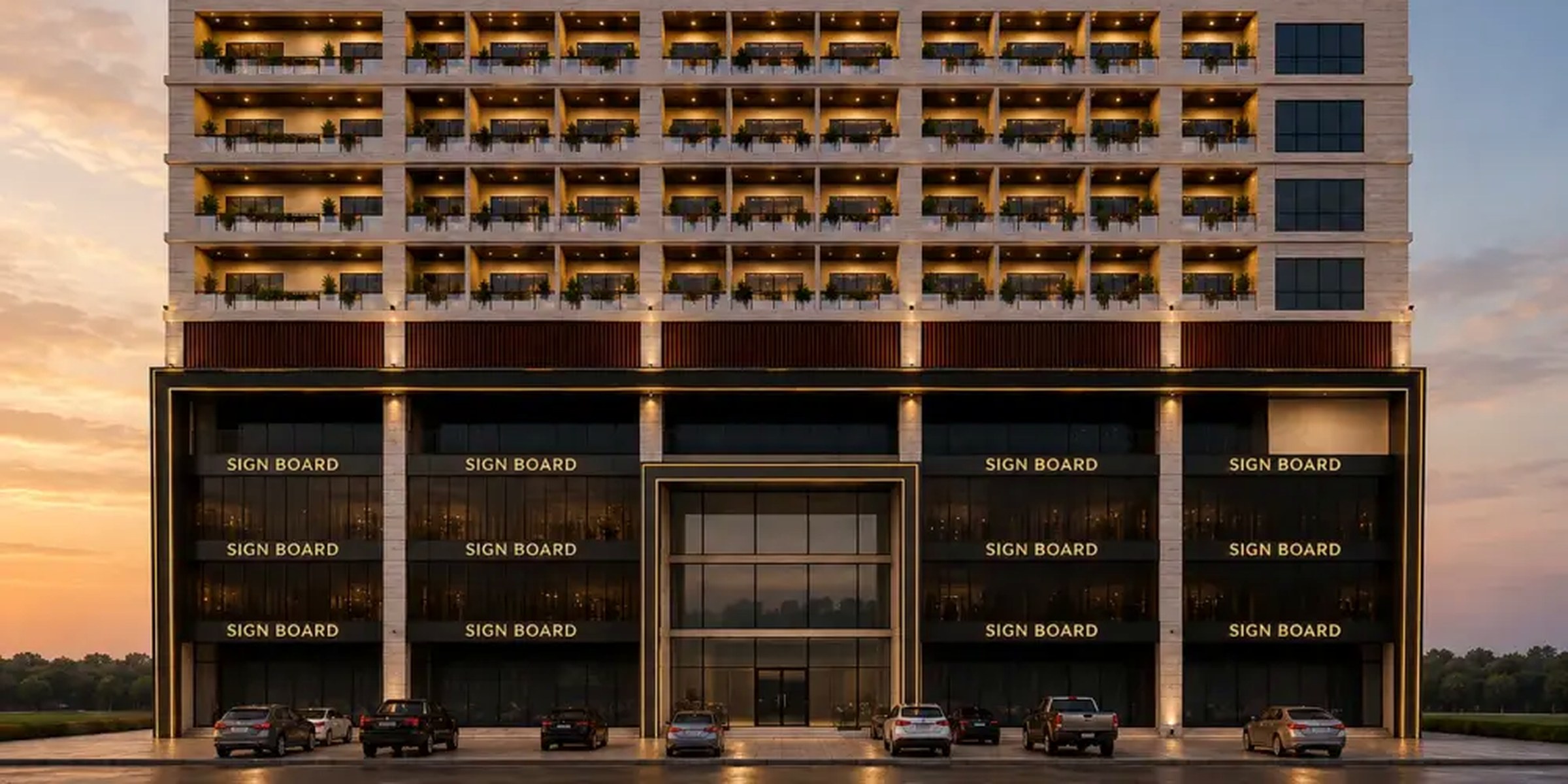 Front elevation of Canton Sky Tower showing the commercial base and residential floors